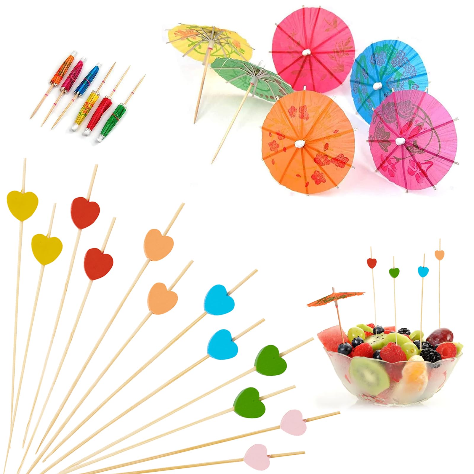 KASESSS 100 Pcs Heart Cocktail Sticks and 20 Cocktail Umbrellas Set, 12cm Wooden Cocktail Toothpicks Colourful Mini Cocktail Skewers for Fruit Burgers Party Decorations Cocktail Accessories for Drinks
