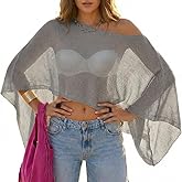 MAKABO Women's Crochet Sheer Poncho Top Lightweight Sparkly Shrug Pullover Knit Bolero Sweater Cover Up Beachwear