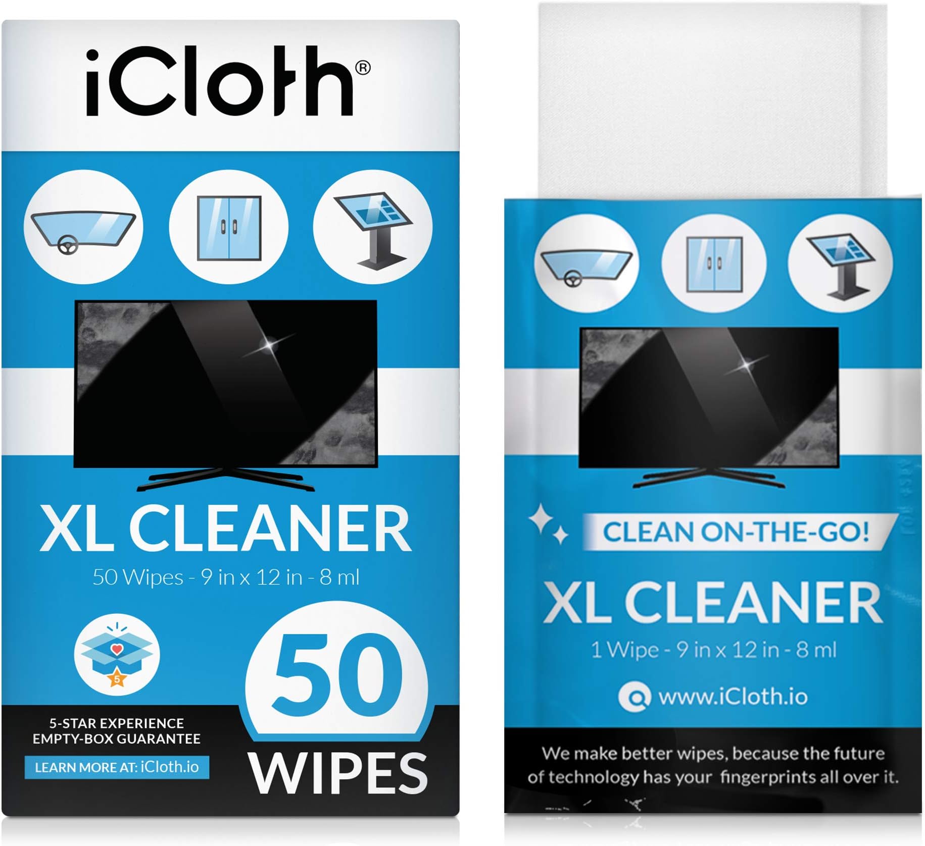 iCloth Extra Large Monitor and TV Screen Cleaner Pro-Grade Individually Wrapped Wet Wipes, 1 Wipe Cleans Several Flat Screen TV's and Monitors, 50 Wipes