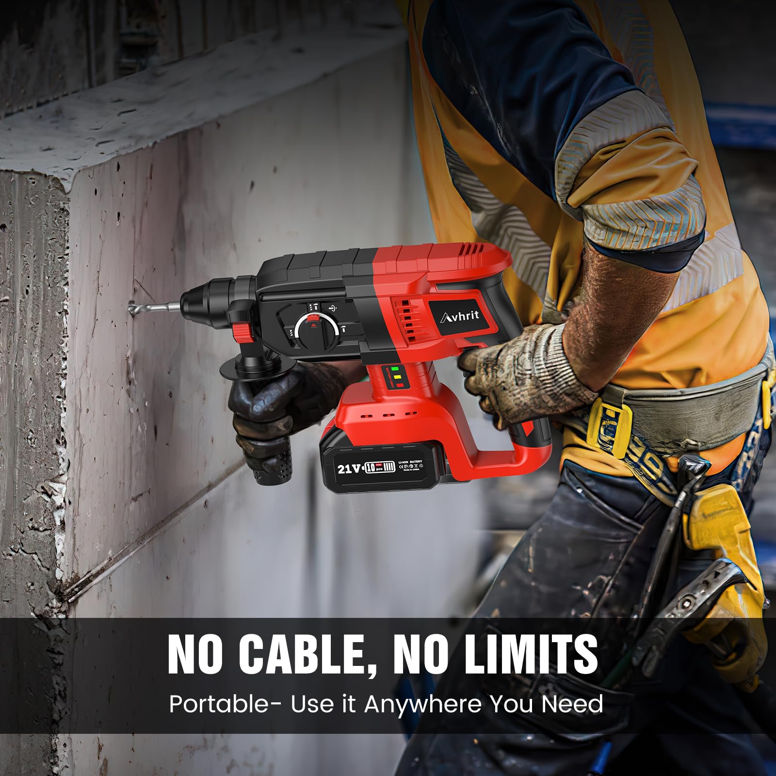 Avhrit 2025 Aktualisierter Akku Bohrhammer, mit 2 Pack Tragbarem Lithium-Akku (21V), Bürstenlosem Motor, 3 Funktionen Akku Schlagbohrschrauber für den Heimgebrauch und Professionelle Bauarbeiten 6