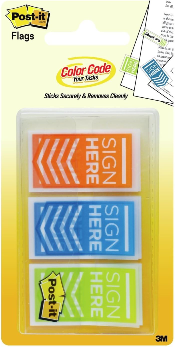 Post-it Message Flags,"Sign Here", Stick Securely and Remove Cleanly Without Damaging Documents, Orange, Blue, Green.94 in. Wide, 60 Flags/Pack, (682-SH-OBL)