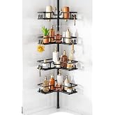 HAMITOR Corner Shower Caddy Tension Pole: 4-Tier Adjustable Shelf Black | Heavy Duty Rustproof L-Shaped Shelves- No Drilling Space-Saving Storage Rack for Family &amp; Renters- 47.72-123.6 inch