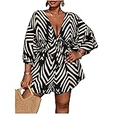 SOLY HUX Women's Plus Size Romper Striped V Neck Tie Front 3/4 Sleeve Loose Short Jumpsuit