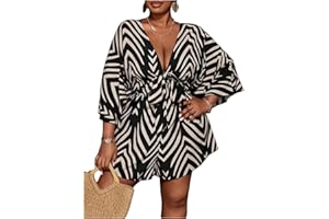 SOLY HUX Women's Plus Size Romper Striped V Neck Tie Front 3/4 Sleeve Loose Short Jumpsuit