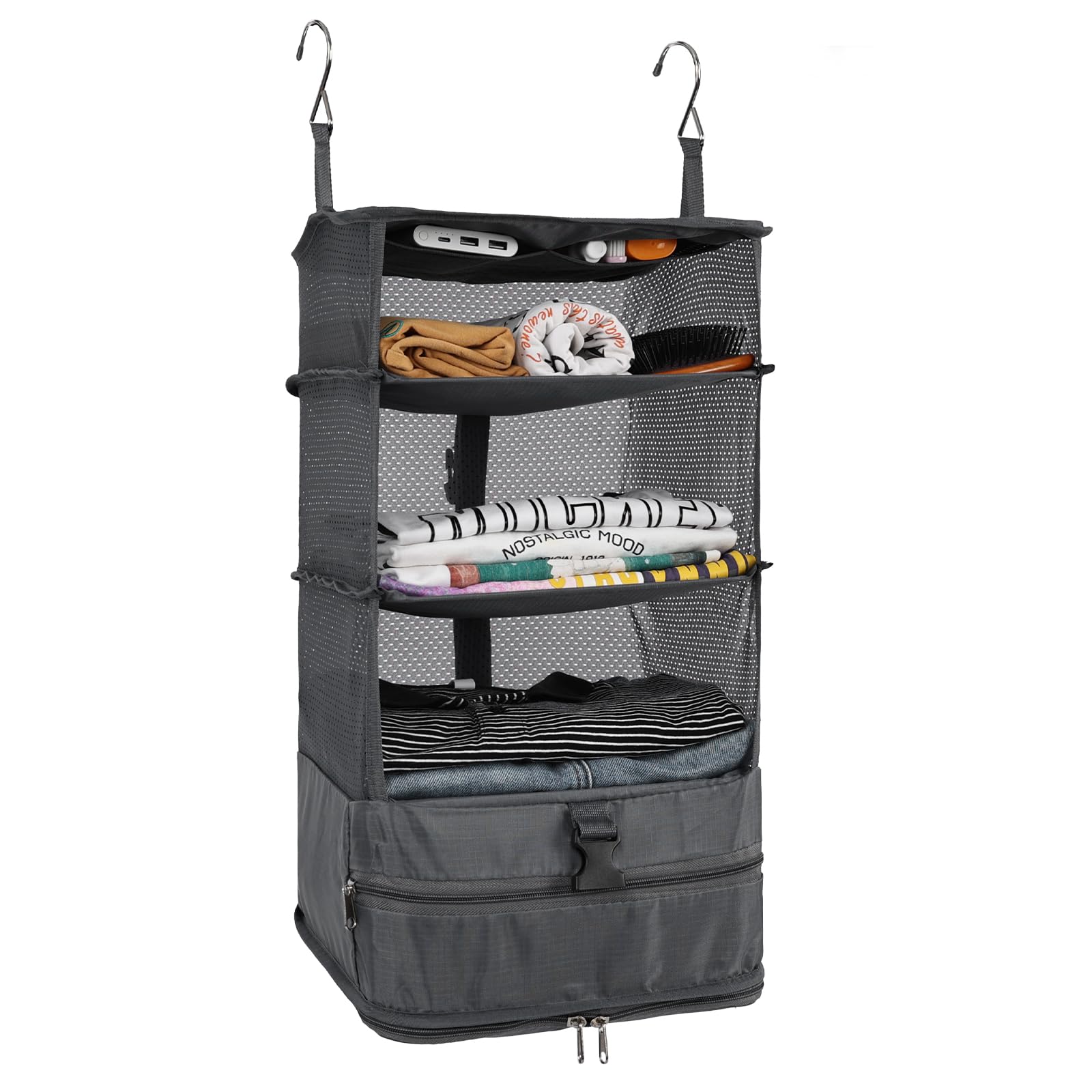 Surblue Hanging 3-Shelf Closet Organizer Pocket Collapsible Washable Oxford Fabric with 2 Hooks Grey L