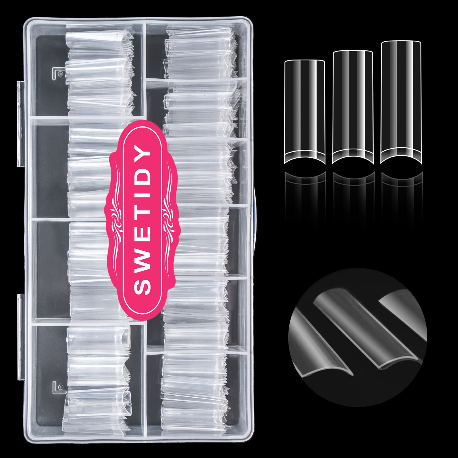 Clear Acrylic Square Nail Tips, SWETIDY 500pcs No C Curve XL Long Square Shaped Straight Fake Nails Flattened Half Cover Artificial Nails with Box for Nail Salon Professional and DIY Nail Art 10 Sizes