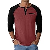 Runcati Mens Henley Shirts Raglan Long Sleeve Casual T-Shirts Color Block Button Shirt Vintage Tops with Pocket