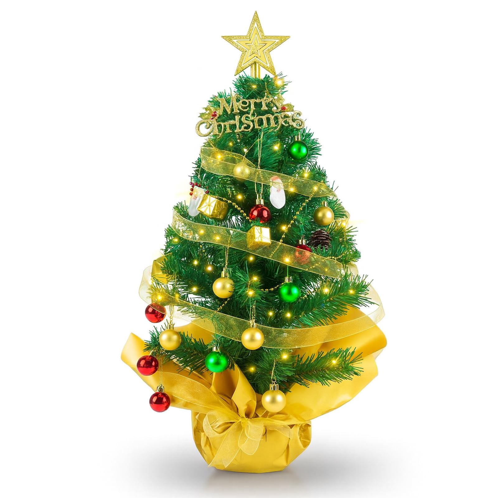 Photo 1 of 23-Inch Mini Tabletop Christmas Tree with Lights, Star Topper and Hanging Ornaments, Decorated Small Christmas Tree for Desk, Home or Office Holiday Décor
