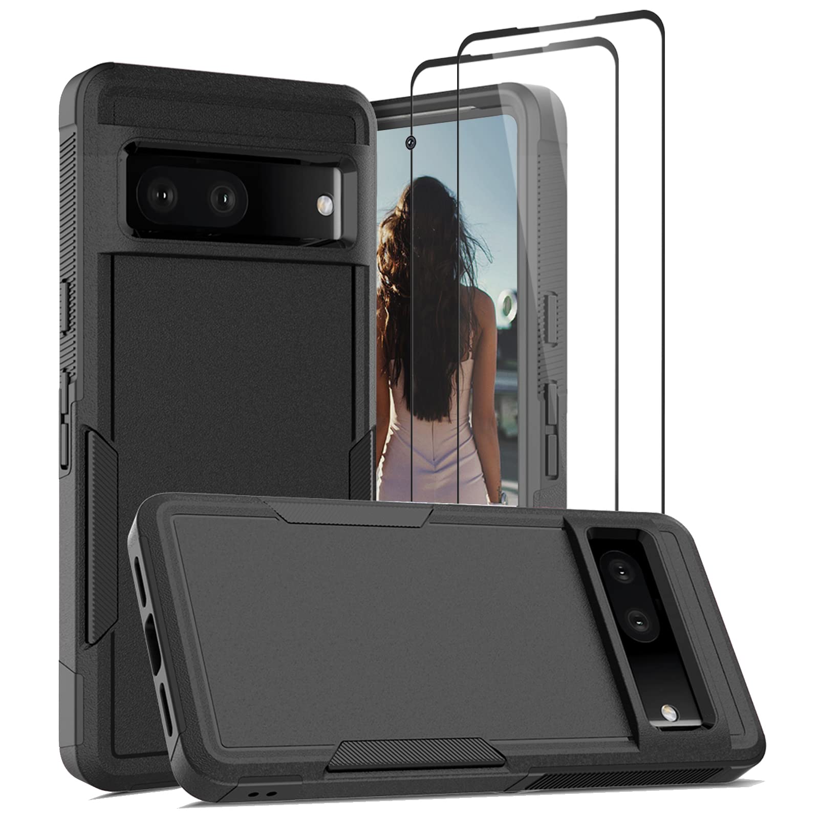 Jeylly for Google Pixel 7 Case with [2 Pack] Glass Screen Protector, Military Grade Drop Protection Shockproof Silicone Cover, Slim Thin Drop Proof Rugged Phone Cover for Google Pixel 7, Black