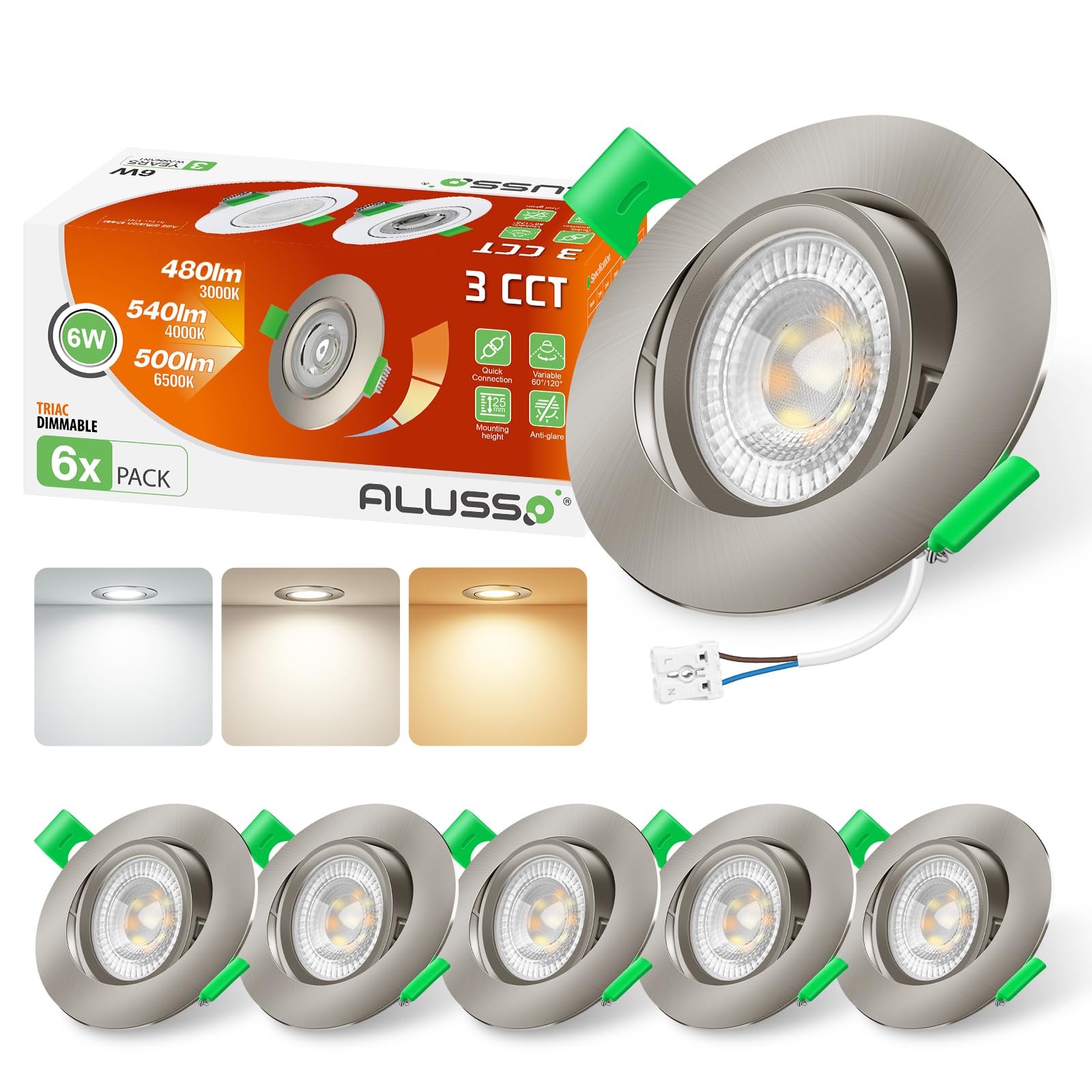 ALUSSO LIGHTING LED Downlights for Ceiling 6W 540lm, Ø75mm Nickel Swivel Spotlights, Dimmable 3CCT Warm White 3000K Neutral White 4000K Cool White 6500K, for Kitchen Living Bedroom, 6Pack