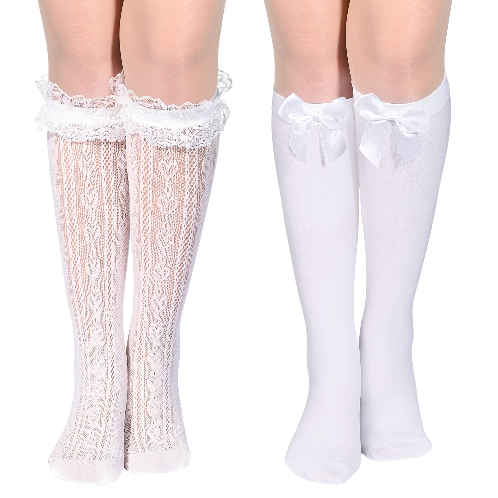 Photo 1 of *****used and dirty     ***JcHrmers 2 Pairs Oktoberfest Socks Women Long Socks with Bows Lace Trim Ruffle and Satin White Stockings German Dirndl Knee High Sock 
  for Women Lolita Student(Knee High 2 Pairs A)