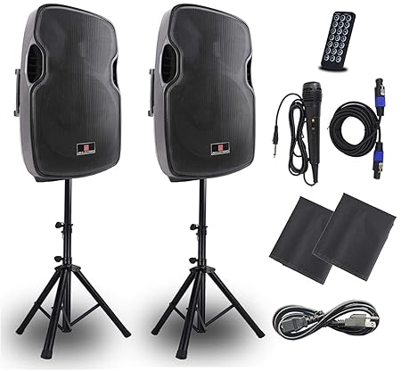 Powered PA Speakers，2-Way 15 Inch Pair Bulit in Bluetooth USB SD Card Line-In and FM Radio，Portable DJ speakers system with Wired Microphone, Remote Control, and Standing Tripods