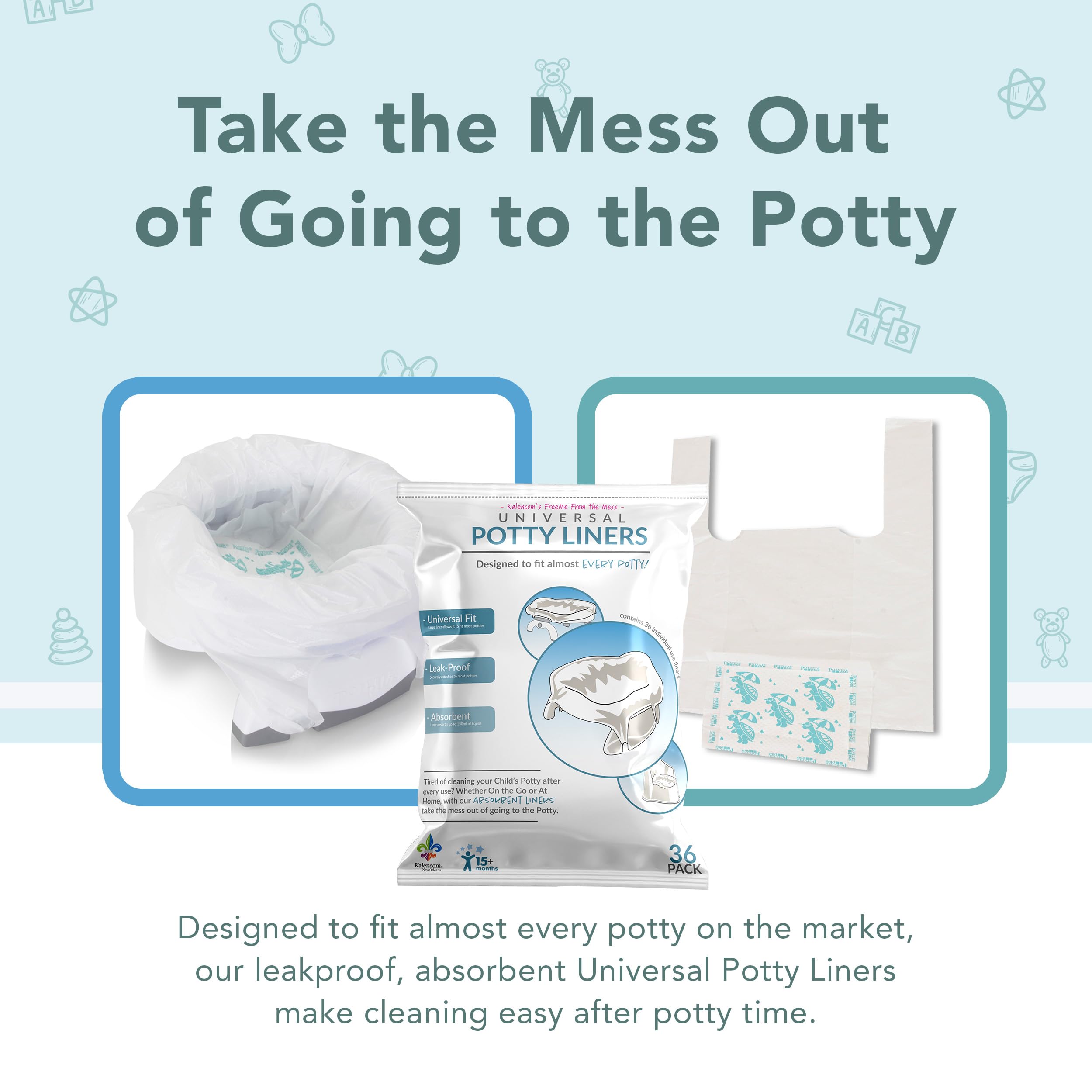Kalencom Universal Potty Liners - Disposable Potty Liners for Toddlers - Absorbent and Leakproof - Compatible with Potette Travel Potty and Most Standard Toddler Potties - 36 Count