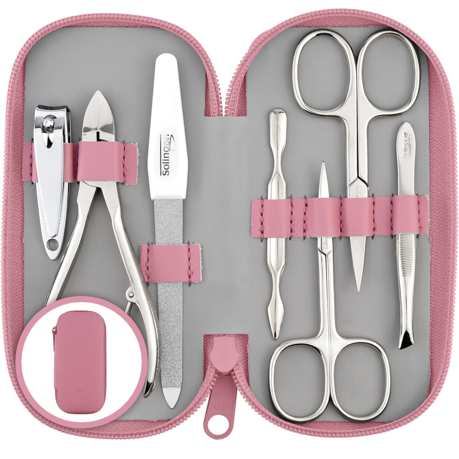 Solingen Manicure Set for Women & Men - 7-Piece Pedicure Kit Made in Germany with Nail Nippers - Elegant and Handy Fashion Leather Case - Ideal as a Gift, for Travelling or Home Use, Rose