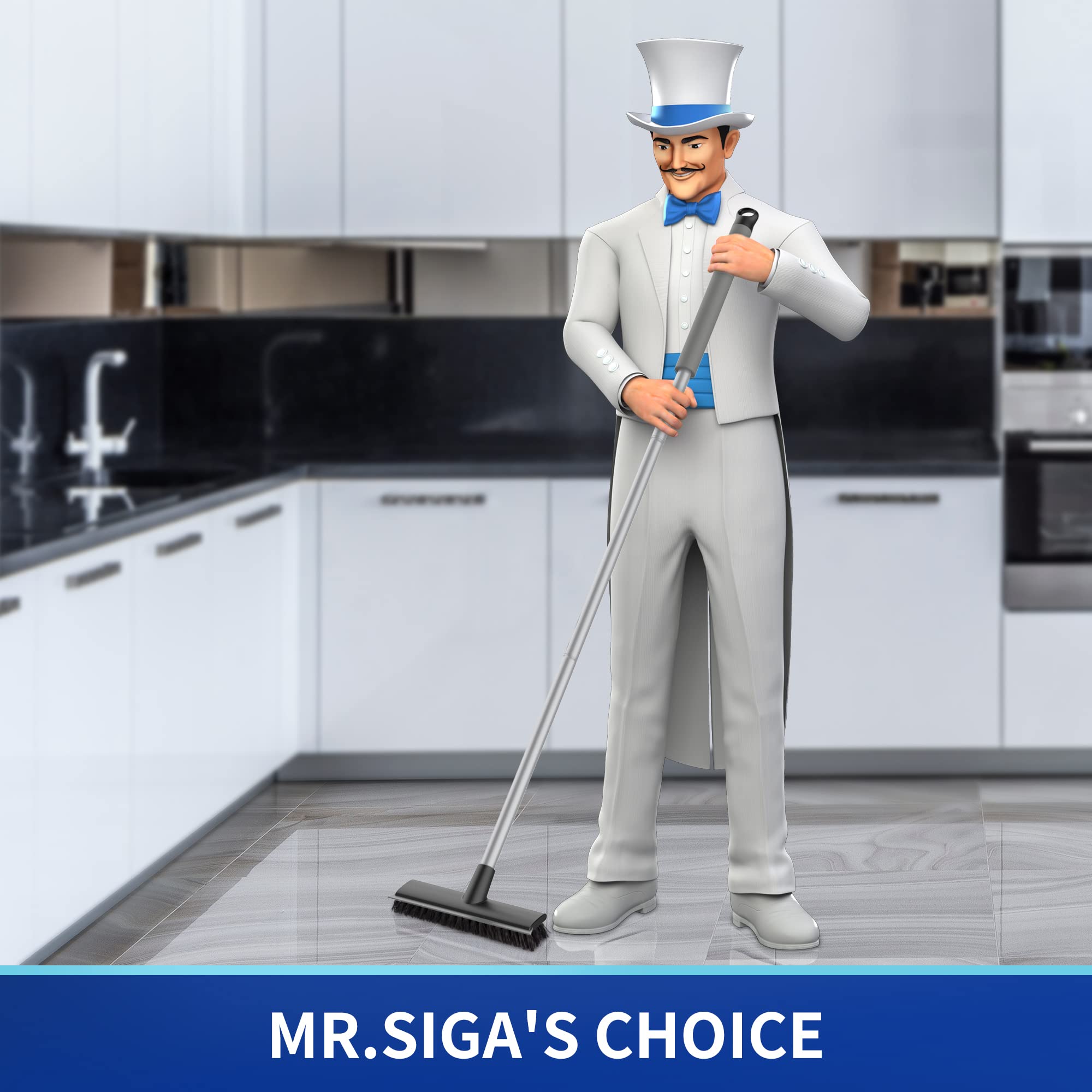 MR.SIGA Floor Scrub Brush with Long Handle, 2 in 1 Scrubber and Squeegee for Cleaning Bathroom, Patio, Garage, Wall, Tile with Stiff Bristles