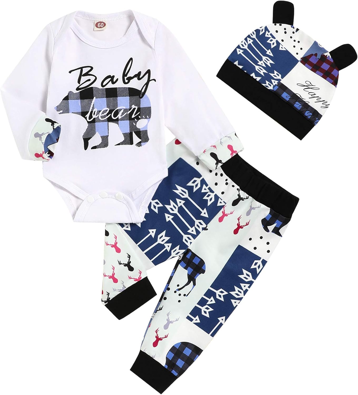 Newborn Baby Boys Girls Clothes Baby Bear Long Sleeve Bear Print Pants Outfit Sets + Hat