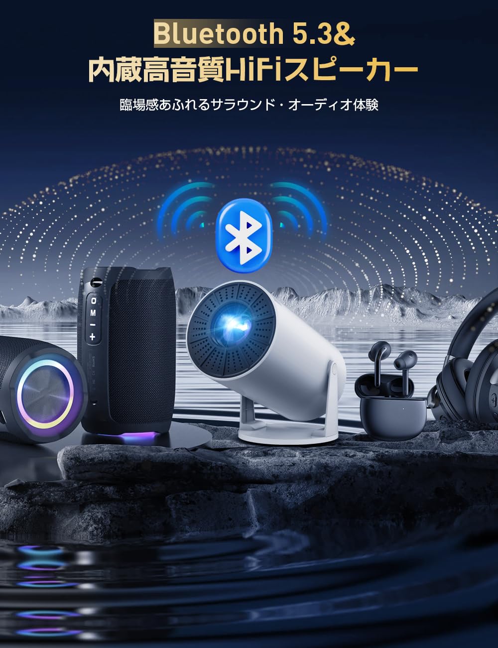 Projector, Small Size, 16,000 LM, 1080P, 4K Compatible, Ceiling Projection, Automatic Keystone Correction, Bluetooth 5.3, Built-in HiFi Speaker, Home Projector, Home Projector, 50% Zoom