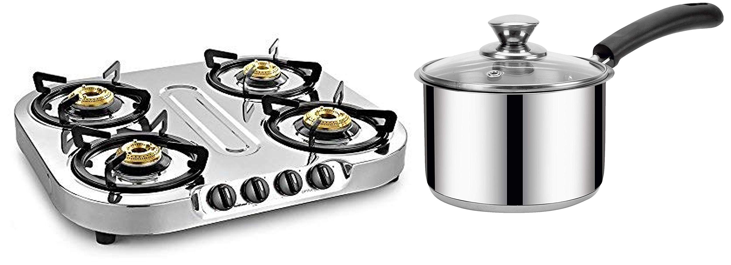 Buy Sunflame Optra 4 Burner Stove & Iris Belly Fry Pan with Glass Lid