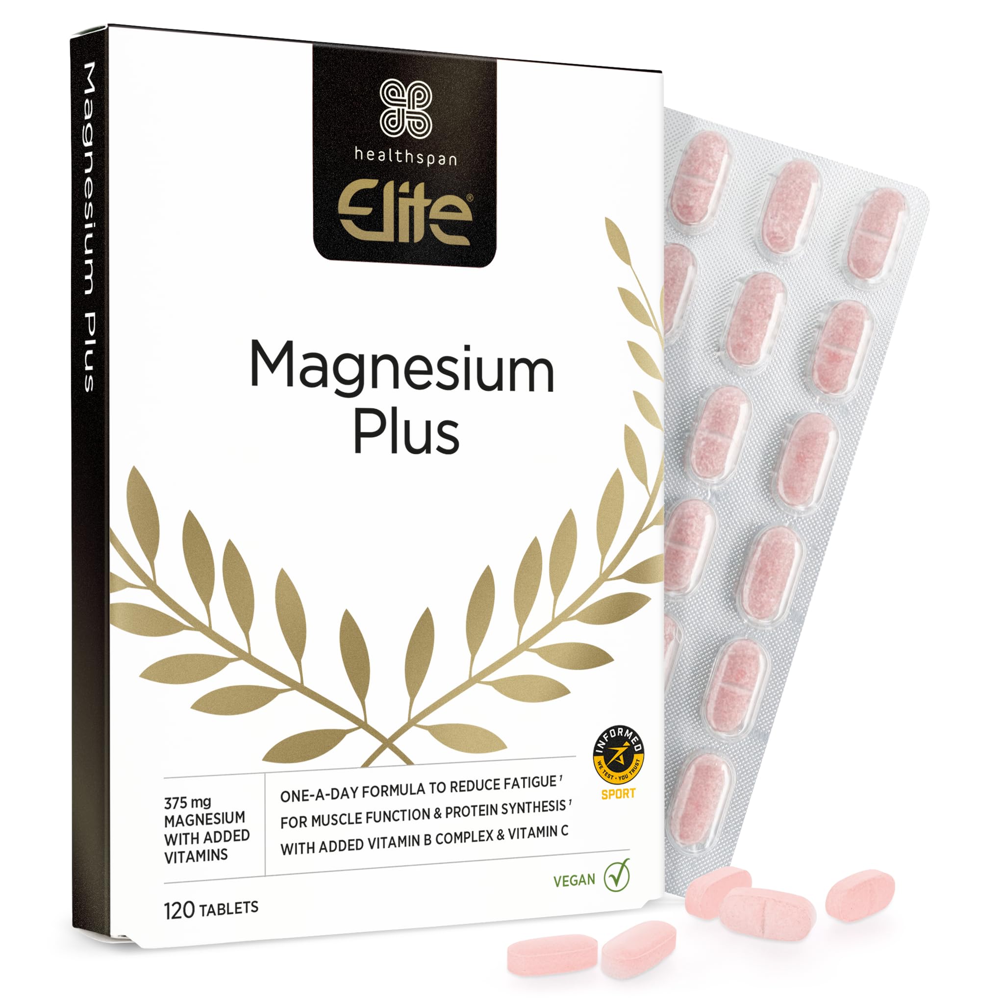 Healthspan Elite Magnesium Plus 375mg (4 Months' Supply) | Supports Protein Synthesis Vital for The Growth of Muscles | All Blacks Official Partner | Informed Sport Accredited | Vegan