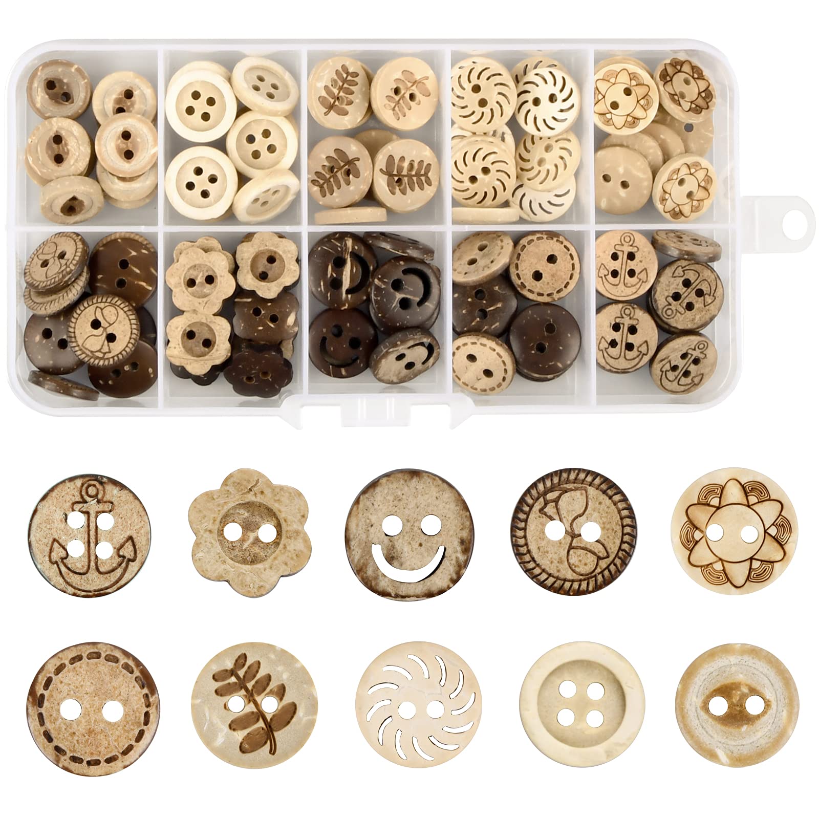 smatime 100 Pcs Wooden Sewing Buttons Craft Wood Buttons Handmade Round Shape Button Natural Coconut Buttons with Storage Box for DIY Baby Cardigans Knitting Clothes Hats Scrapbook Decorations, 13mm