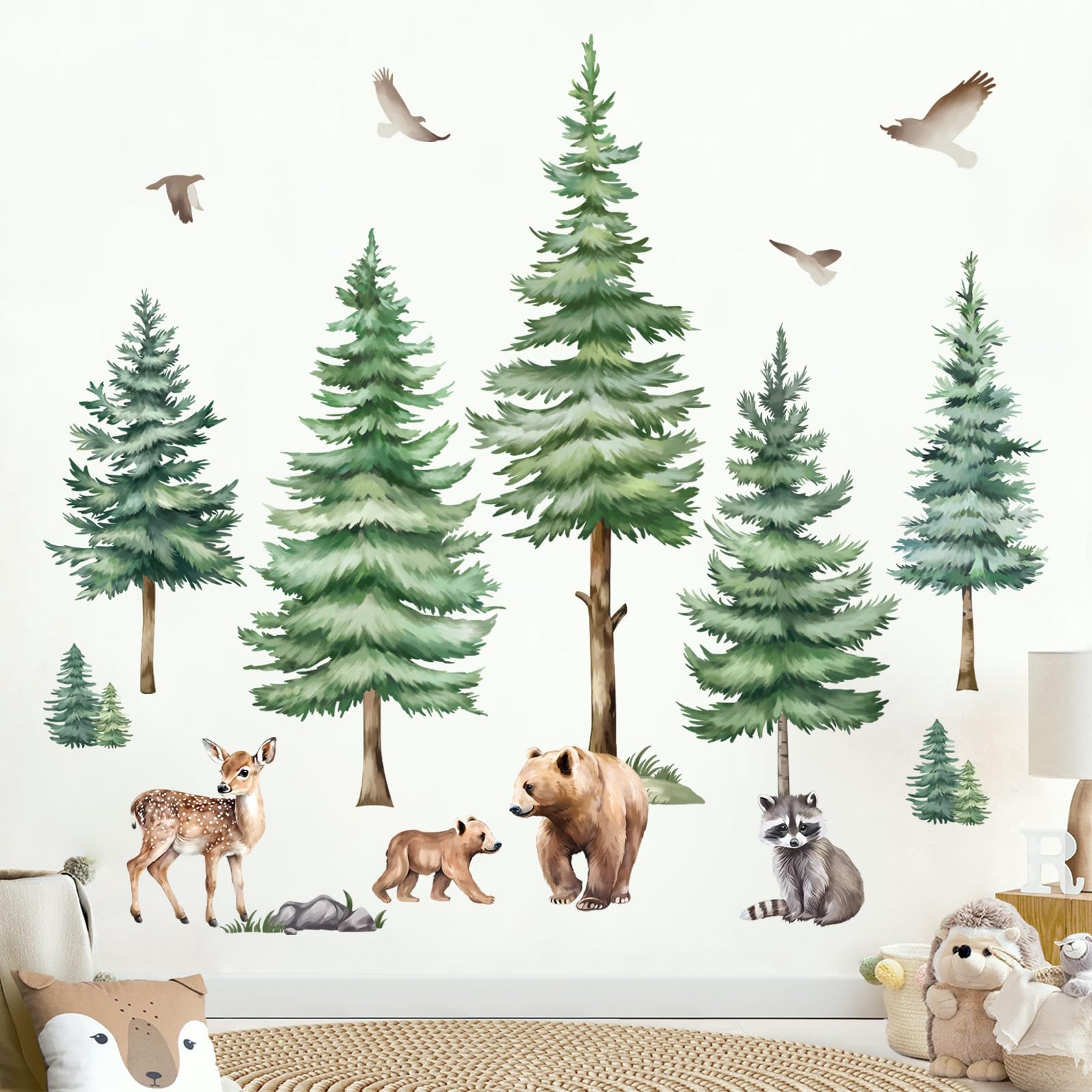 Photo 1 of decalmile Large Pine Tree Wall Decals Woodland Animal Bear Wall Stickers Baby Nursery Kids Room Bedroom Wall Decor