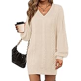 Saodimallsu Womens Oversized Mini Sweater Dress Casual V Neck Cable Knit Long Lantern Sleeve Fall Tunic Pullover Sweaters