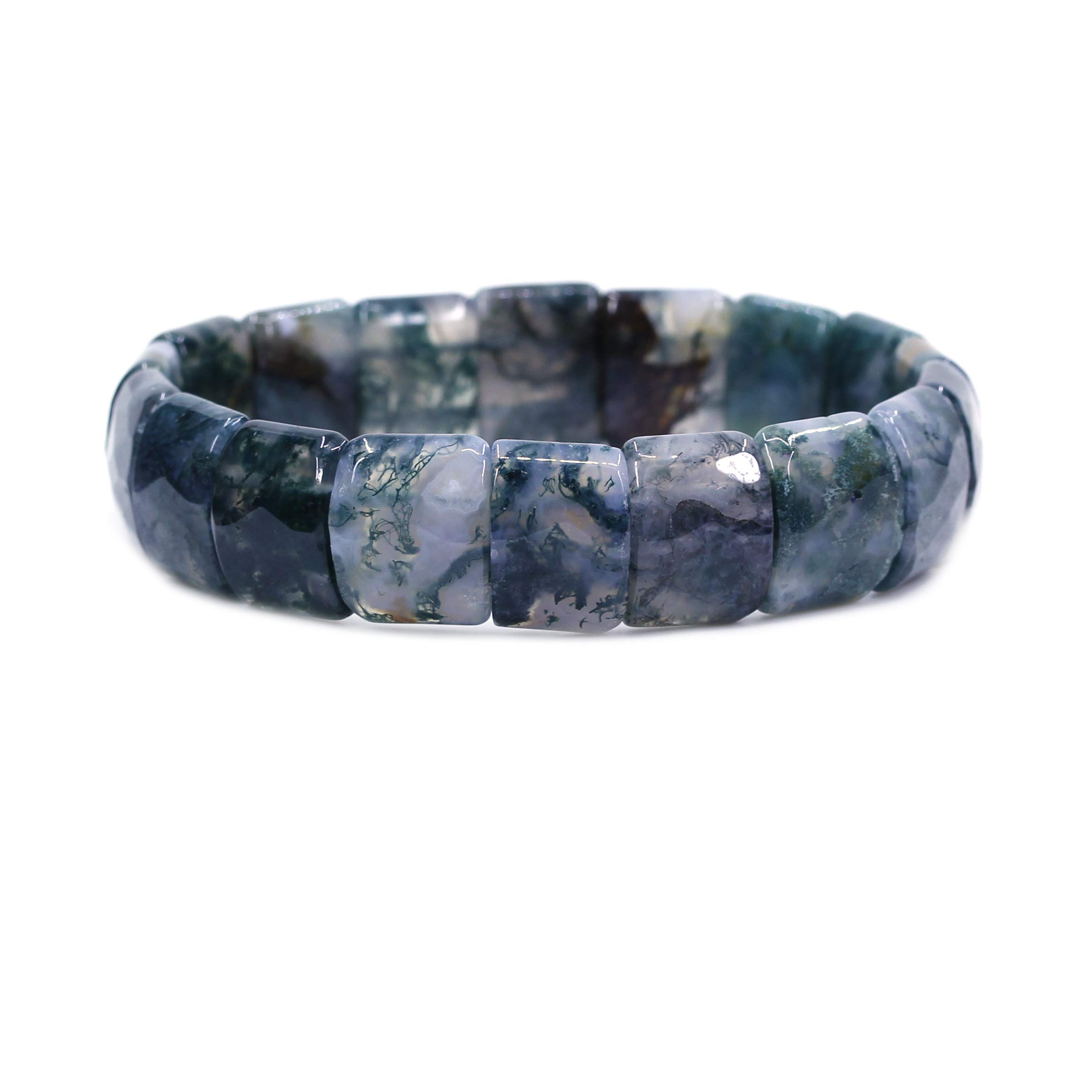 CHENYUE Natural Moss Agate Gem Semi Precious Gemstone 15mm Faceted Square Grain Beads Stretch Bracelet 7.5 Inch