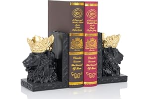 BOIHEGU Lion Statue Bookends, 7 inch Resin Exquisite Lion Statue(Set of 2) Heavy Duty Non-Skid Decorative Bookends, Black Accent Lion Gifts for Men Father Leo Home Office Desk Shelf Decor