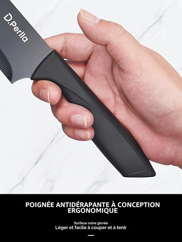7 Pièces Set Couteau Cuisine en Acier Inoxydable, Bloc Couteaux Cuisine Verticale, Manche Confortable Ergonomique Ensemble de Couteau, Noir