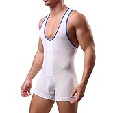 Utcelut Men's Deep U Neckline Fitness Bodysuit Jumpsuit Soft Tank Top Shorts One-Piece Leotard