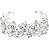 VIEKYBUTTY Silver Leaf Open Cuff Crystal Bracelet, Cubic Zirconia Rhinestone Bangle, Wedding Bridal Jewelry Tone Adjustable Design For Prom Party Daily Wear Accessories