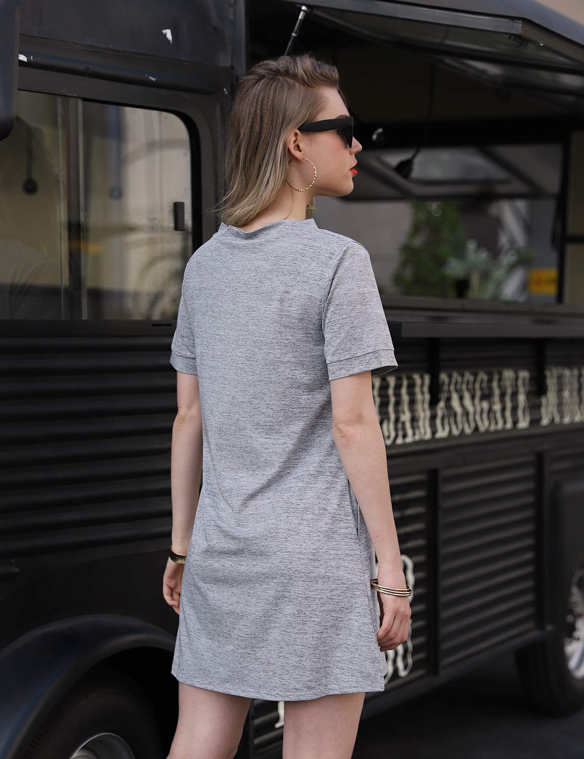 Blooming Jelly Womens Summer T Shirt Dress Mini V Neck Casual Plain Sun Dresses Tunic with Pockets(X-Large, Dark Grey)