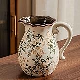 Luetcattus Vintage Ceramic Vase with Handle, Green and Beige Rustic Flower Pitcher Vase for Home Decor, Decorative Vase for Living Room, Bookshelf, Office, Vases for Centerpieces 8 Inch