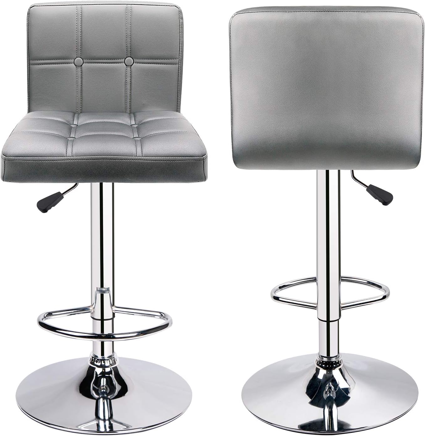 Leader Accessories Bar Stools (2/Set) Adjustable Bar Chairs Breakfast Dining Stools for Kitchen Island Counter PU Leather Double Stitching Square Back with decoration (Light Grey) - Image 4