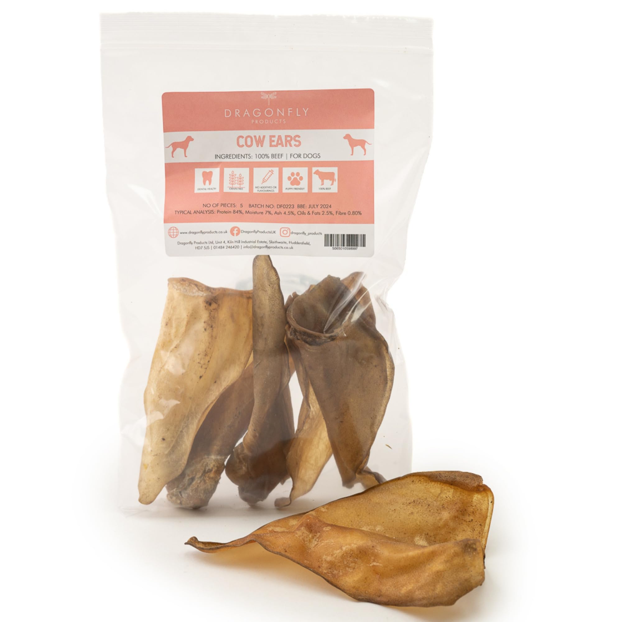 Dragonfly Products, Natural Cow Ears for Dogs, Long Lasting Low Fat Chew Treats, Grain Free and Gluten Free, Air Dried in the EU (25pcs)