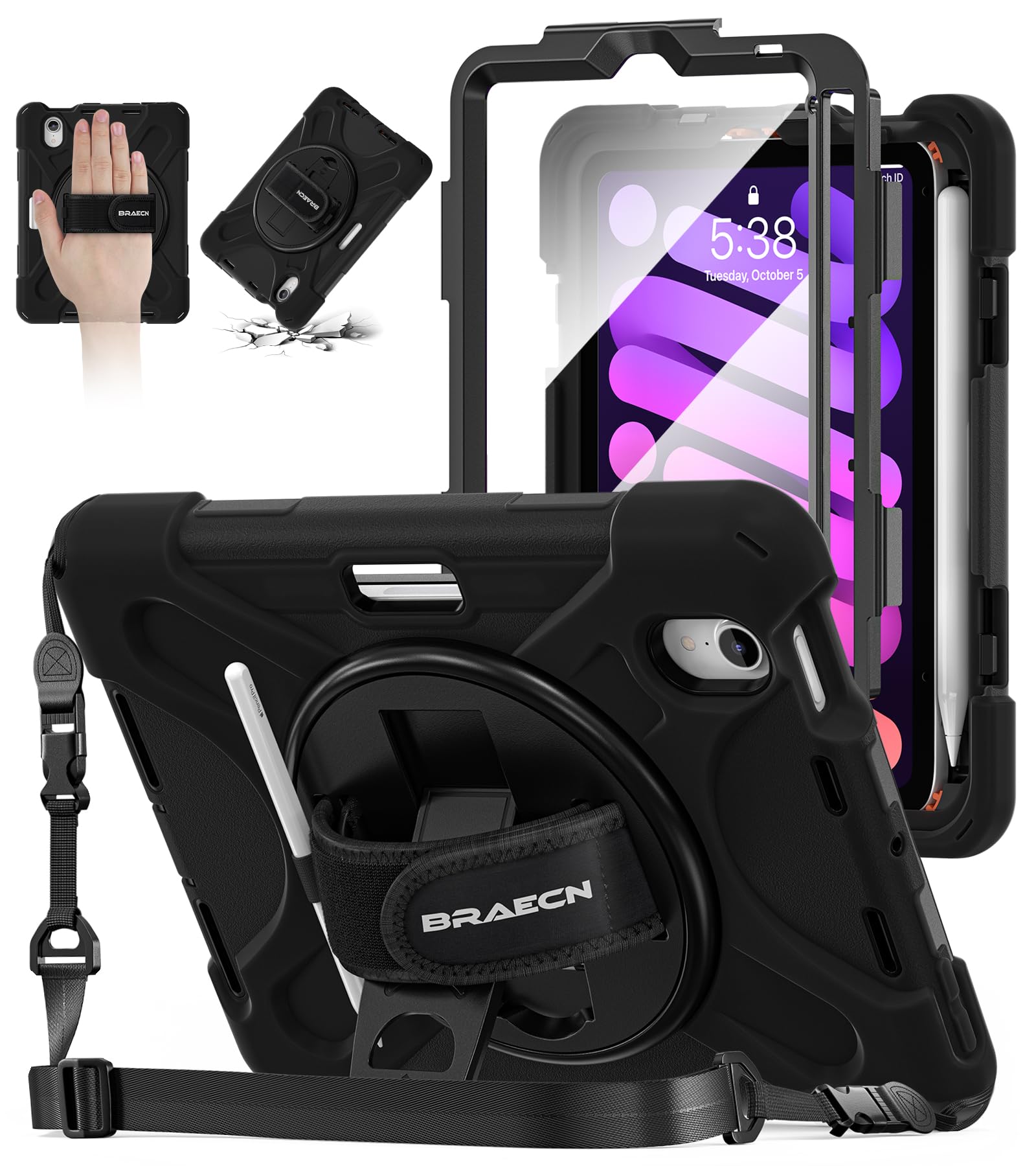 BRAECN for iPad Mini 7(A17 Pro)/ 6 case 2024/2021 8.3 inch Heavy Duty Shockproof Protective with Pencil Holder Screen Protector 360°Rotating Stand Handle & Shoulder Strap Full Body Cover Kids Friendly