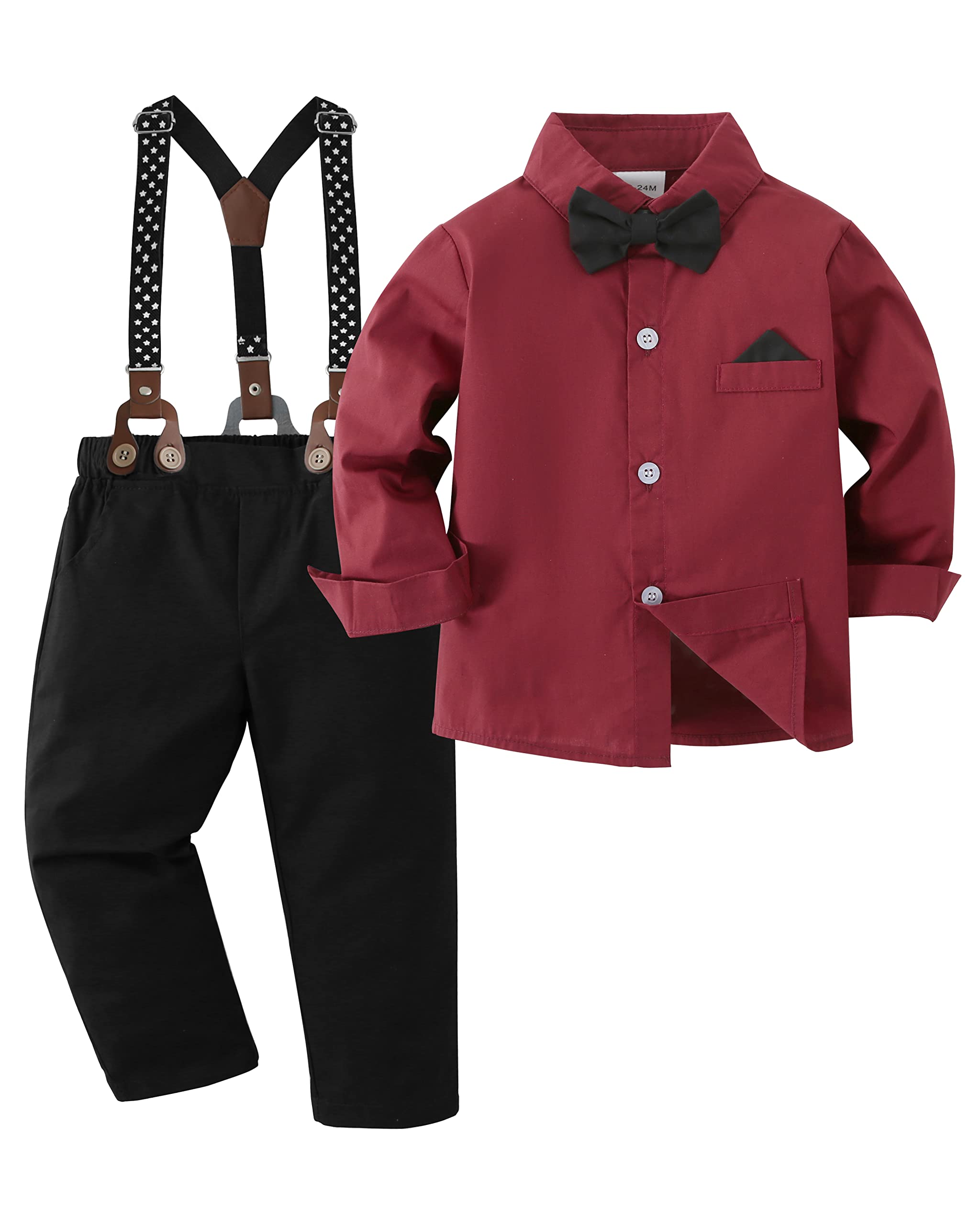 Photo 1 of DISAUR Toddler Boy Dress Clothes Long Sleeve White Leaf Dress Shirt Bow Tie Suspender Black Pants Toddler Outfits For Boys 18 Months 2t 24 Months