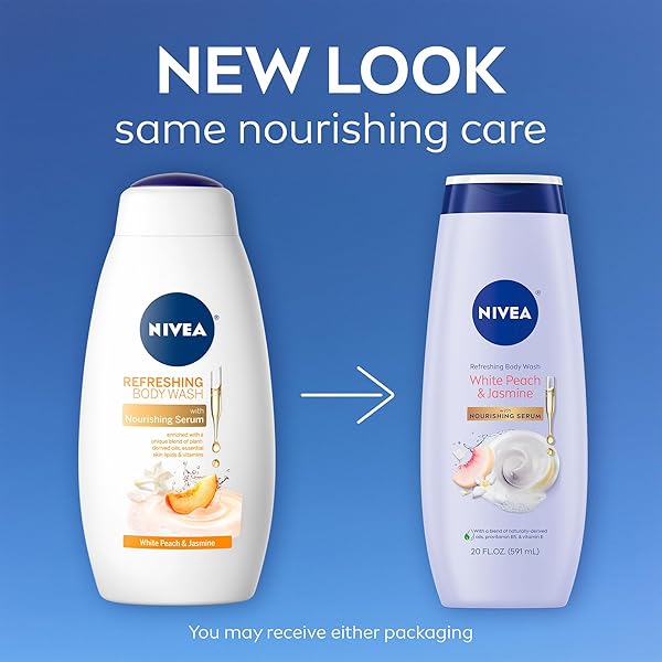NIVEA REFRESHING WHITE PEACH AND JASMINE BODY WASH WITH NOURISHING SERUM, SCENTED BODY WASH FOR WOMEN, ENRICHED WITH PROVITAMIN B5 AND VITAMIN E, 20 FL OZ BOTTLE