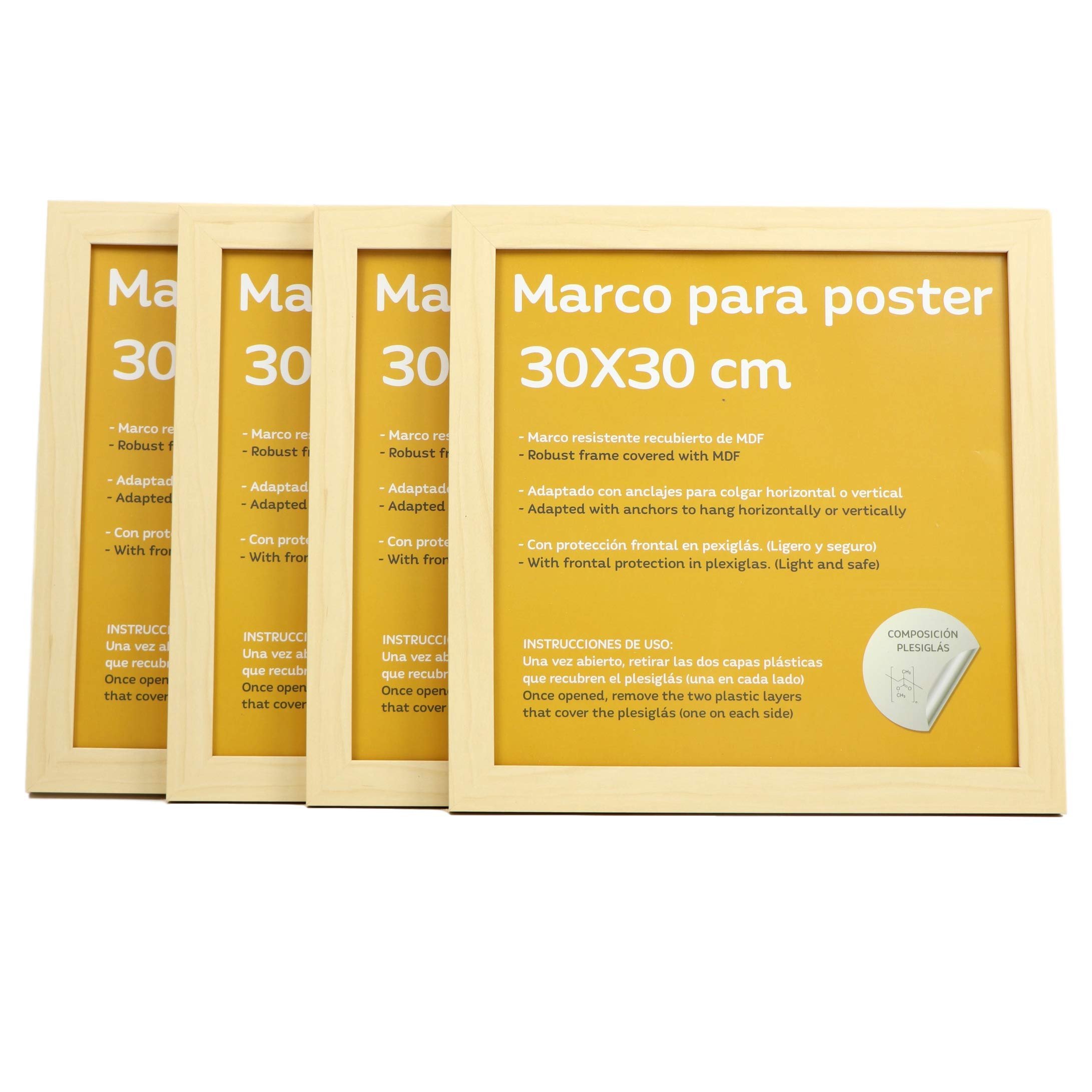 Nacnic Set of 4 Robust Square photo frame to protect and display photos, diplomas, billboards, posters, pictures. Frames in different sizes and colours. Wood, size 30x30 cm