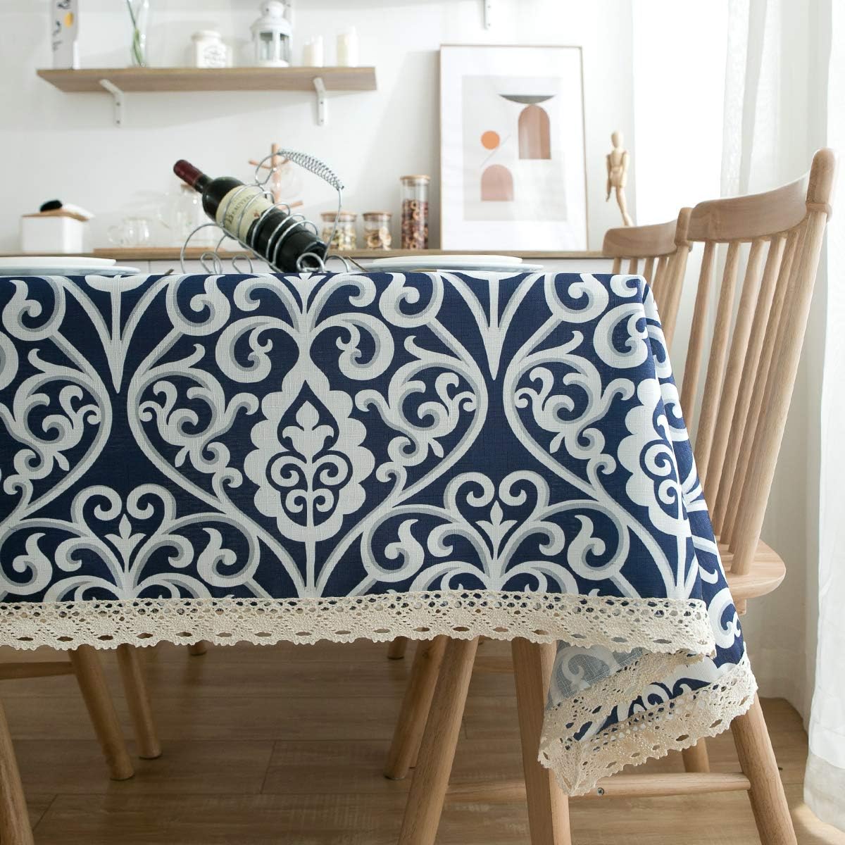 Gravan Rectangle Polyester Tablecloth Vintage Printed and Spill Proof Water Resistant Table Cover with Lace Trim for Home and Kitchen (Blue and White Lace, 60x120 Inch)