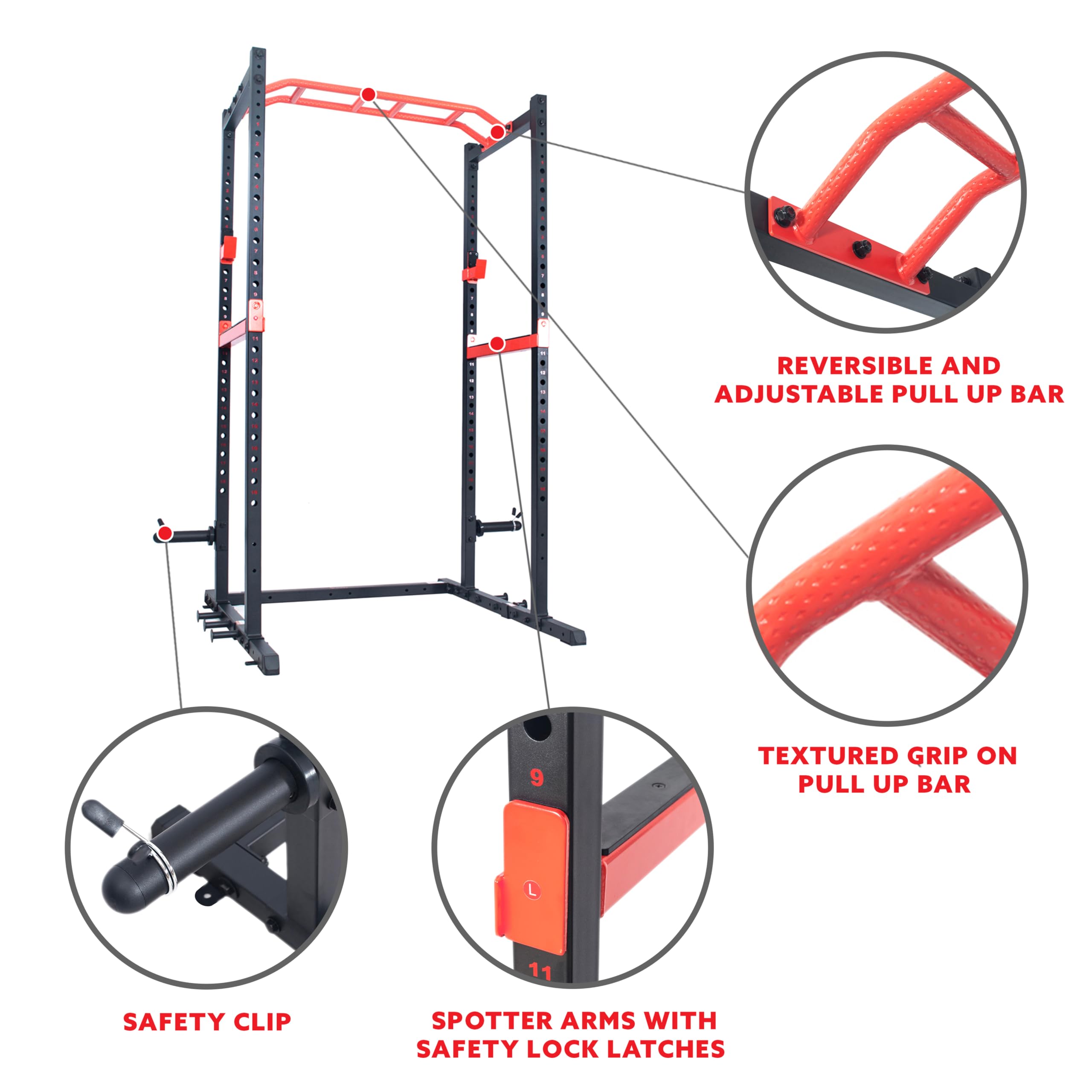 Sunny Health & Fitness Power Zone Strength Rack Power Cage - 1000 LB Weight Capacity, Spotter Bar, Angled Pull-Up Bar, J-Hooks, Resistance Band Pins, Optional LAT Pull Down