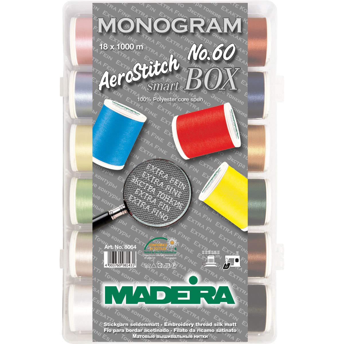 Madeira Aerostitch No.60 Premium Extra Fine Sewing, Quilting & Embroidery Thread Smart Box 18 x 1000m (Reels)