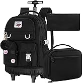 3PCS Rolling Backpack for Girls, 21 inch Water Resistant Roller Backpacks with Wheels, Wheeled Bookbag for Elementary Teens Women - Black