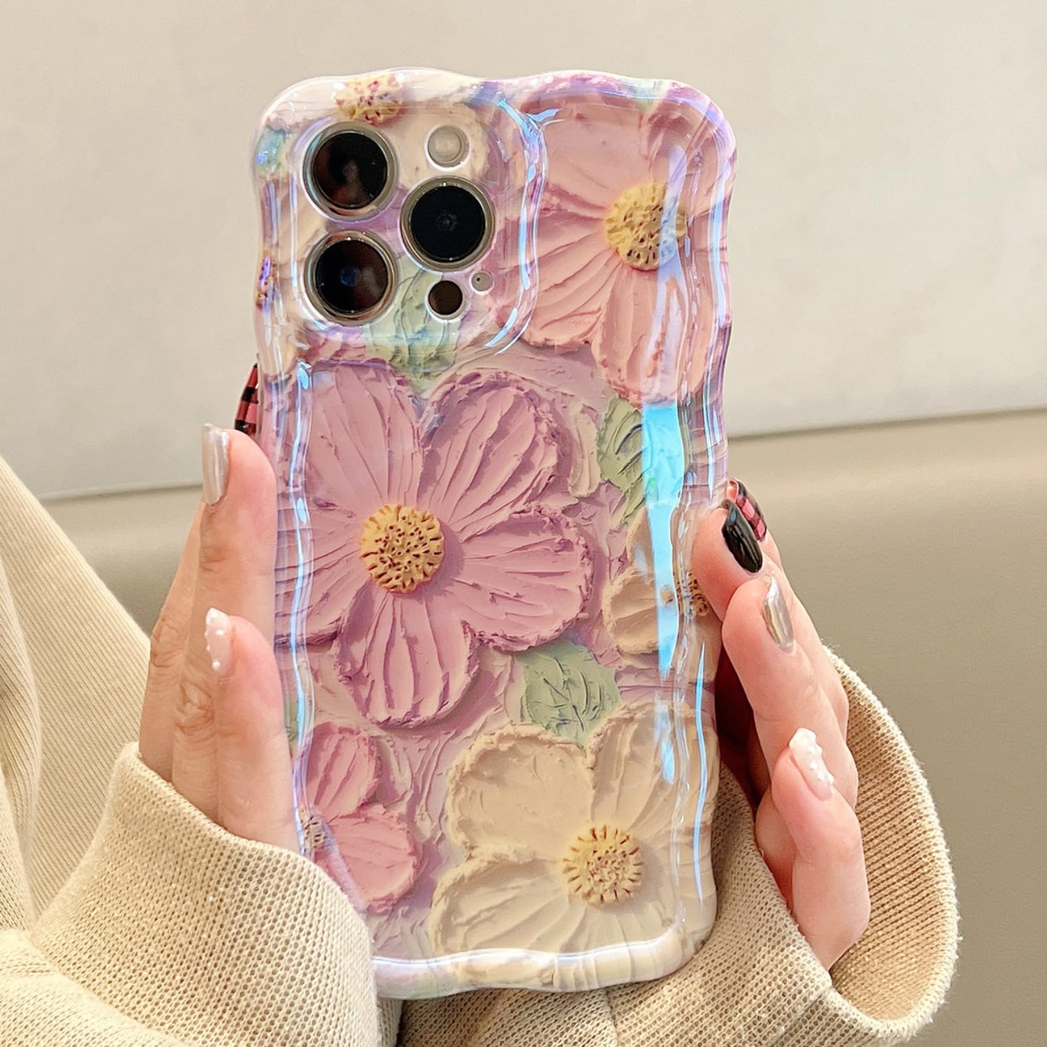 Photo 1 of UEEBAI Flower Case for iPhone 16 Pro Max Case, Colorful Retro Oil Painting Girly Phone Cover Pretty Glossy Pattern Wave Cover Cute Sparkly Floral Curly Shell for Women and Girl, Purple Yellow