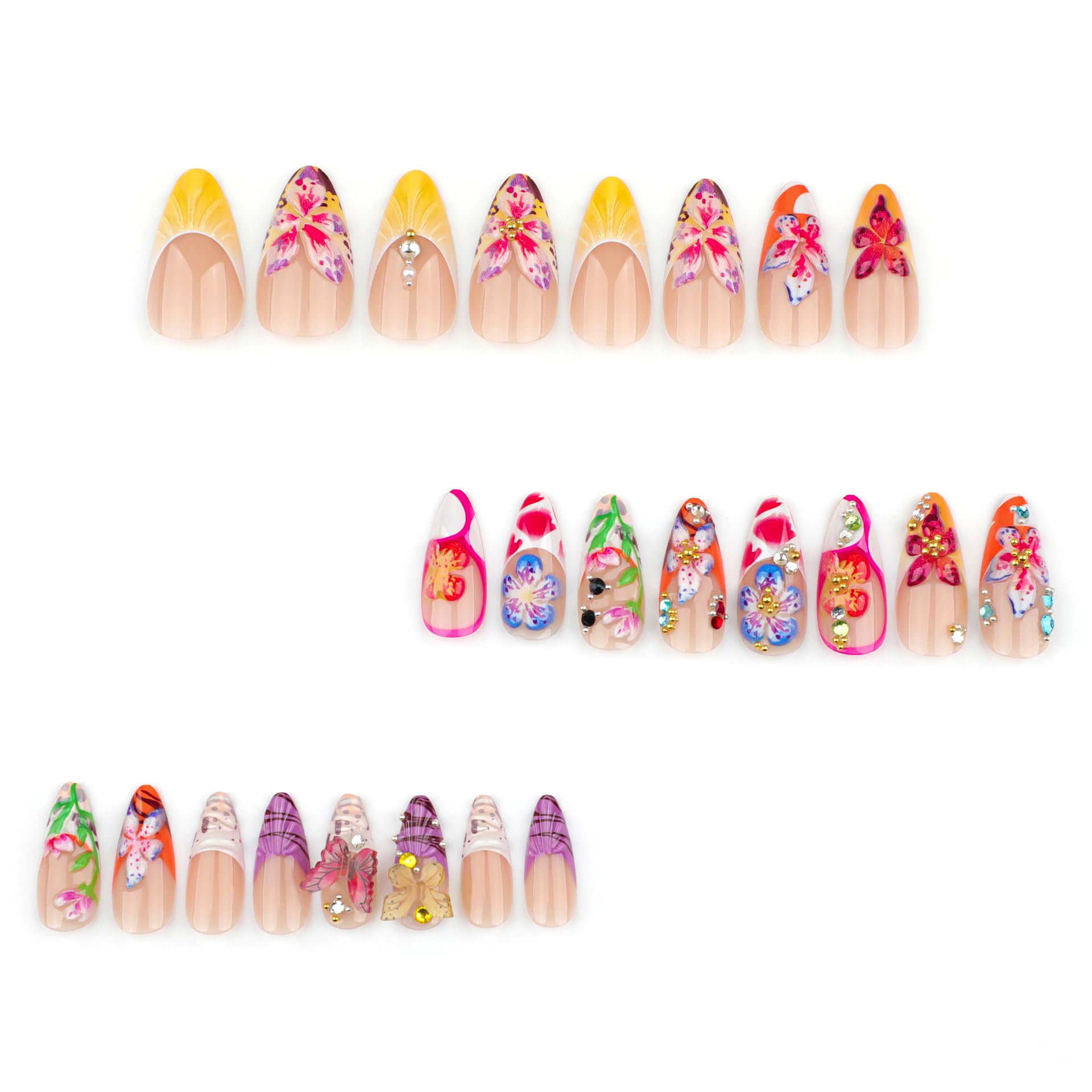 HOSAILY 3D Tropical Floral Press on Nails Medium Almond, Colorful Butterfly Bright Flower Summer Beach Handmade Full Cover Stick on Nails for Women, 24Pcs Glossy Reusable Fake False Nails with Glue - Image 2