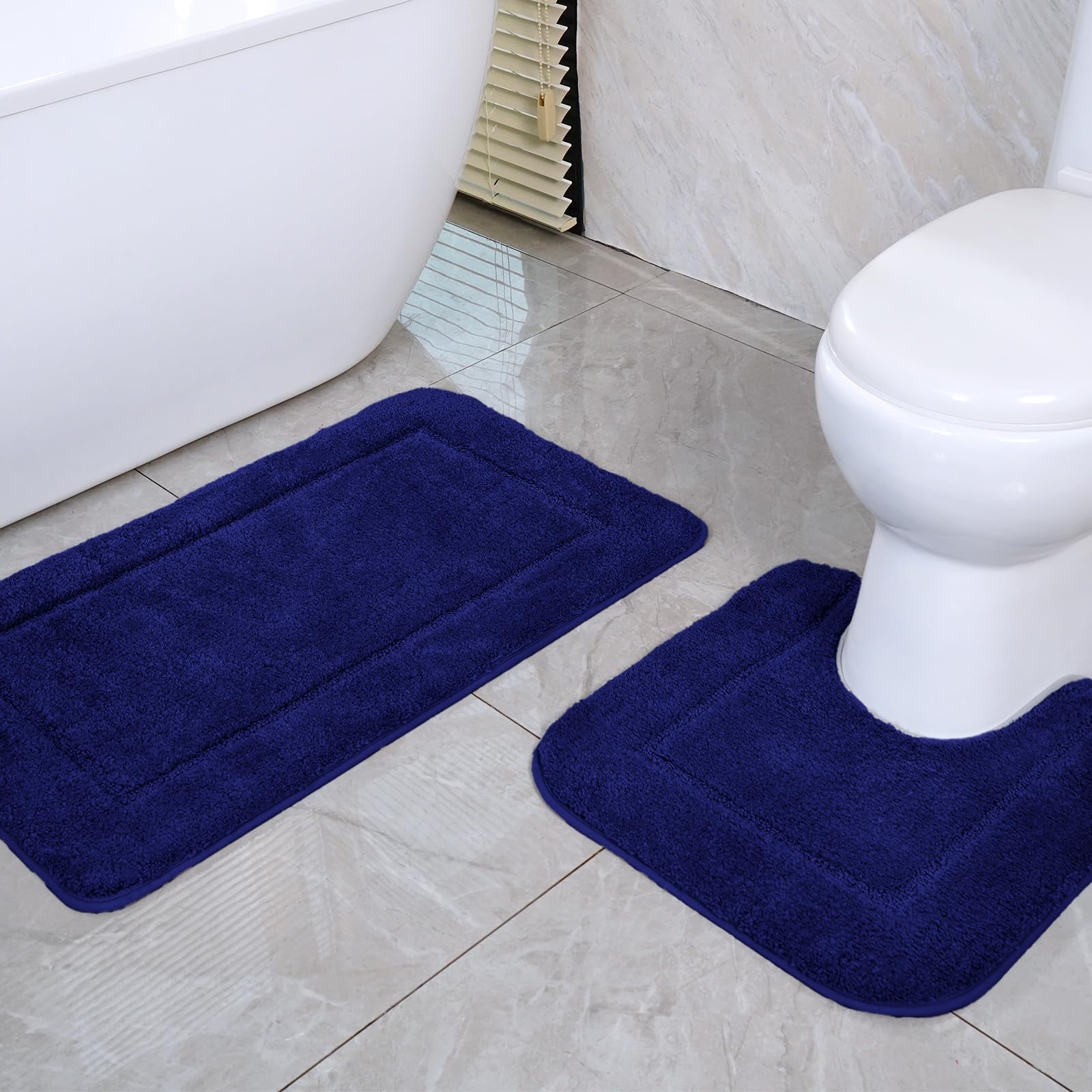 SOANNY Navy Blue Bath Mat Set of 2, High Density Soft Microfiber Non-Slip Bathroom Mats with Water Absorbent, 53x86 cm Bathtub Decor Rug & 50x50 cm Toilet Pedestal Carpet, Machine Washable
