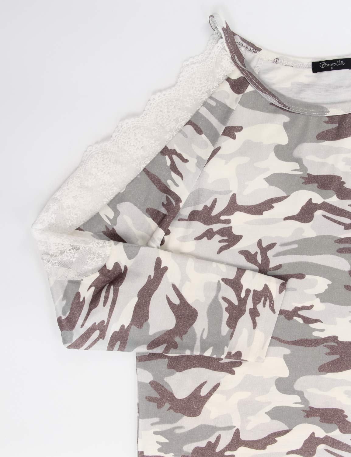 BMJL Women\'s Long Sleeve T Shirt Camo Print Cold Shoulder Tops Lace Cute Blouse(M,Camo Print)
