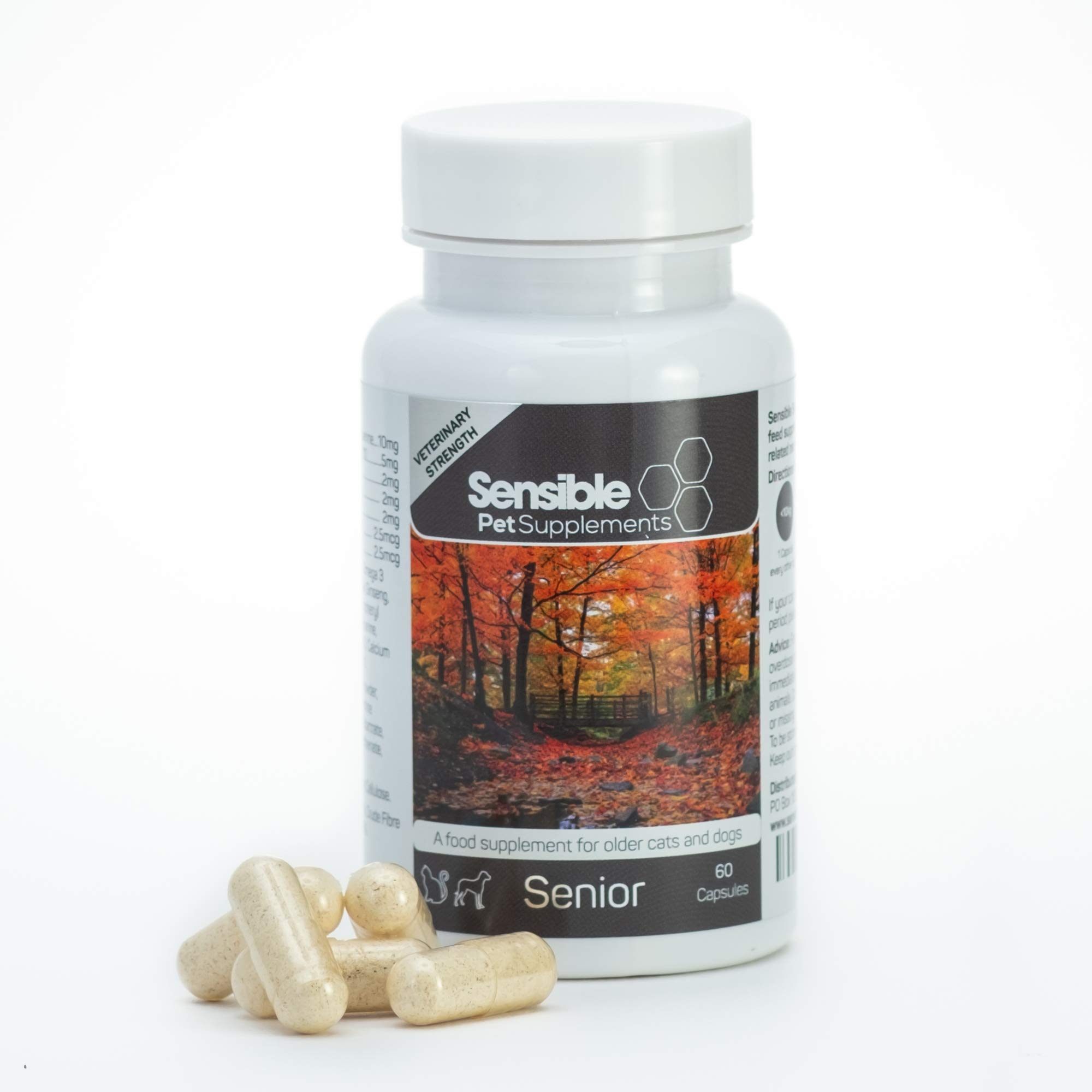 Sensible Pet Supplements 'Senior'. Supplement for older dogs and cats. Supporting brain and cognitive health. Contains Omega 3, CoQ10 and a range of other antioxidants. 60 sprinkle capsules.