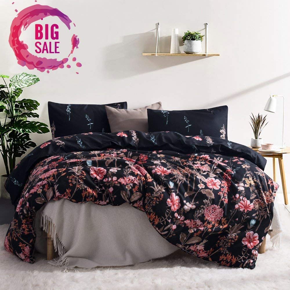 Vintage Black Floral Duvet Cover Set & Pillow Cover Fall Winter Bedding