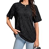Vrtige Women's Lace Floral Half Sleeve Round Neck Sheer Mesh Loose Fit Sexy Blouse Tunic Top